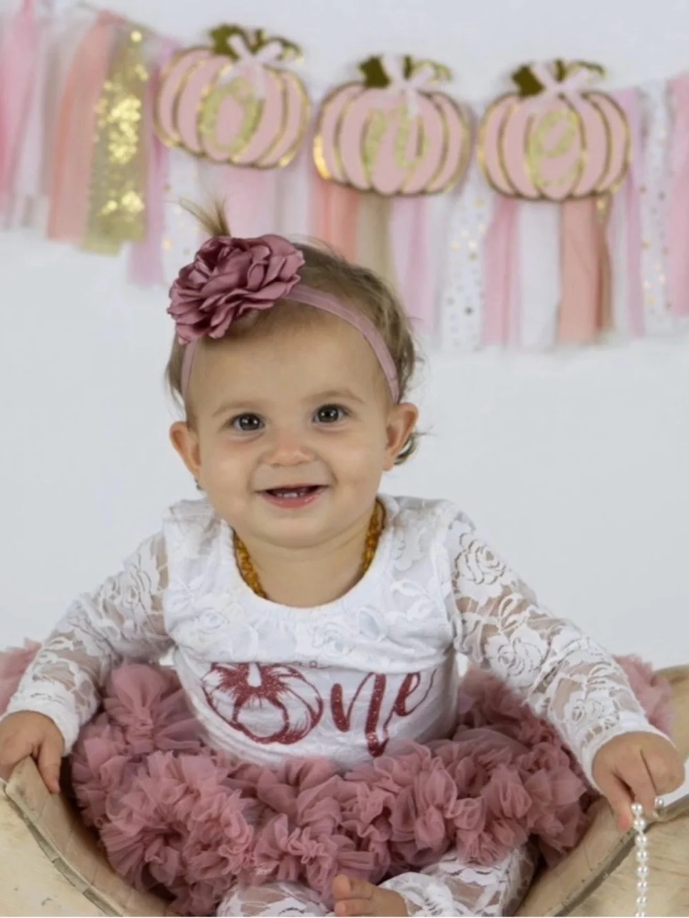White Lace Baby Outfit with Rose Gold/Pink 